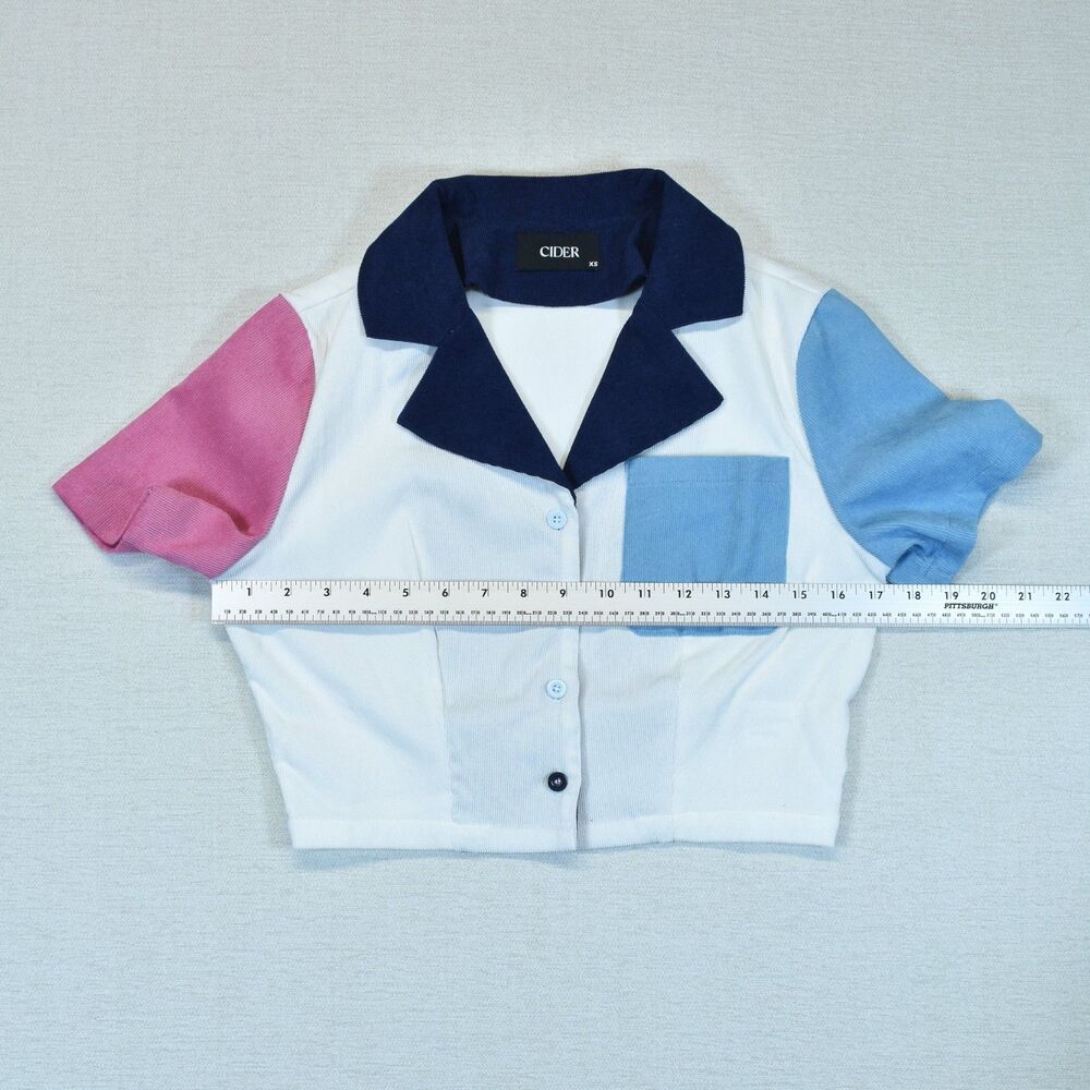Cider Womens Colorblock Cropped Short Sleeve Button Up Shirt Top Pastel XS - Picture 4 of 5